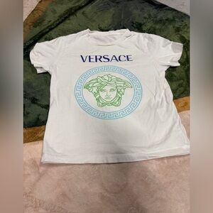 Versace White Tee with Blue and Green Medusa Design